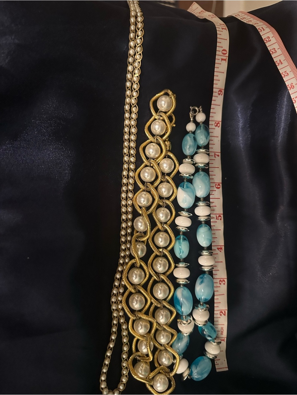 2 Gold and faux Pearl Statement Necklace - 1 Blue Accent Beads